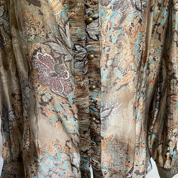 Brown Sheer Flower Design V-neck Button Up lightweight Blouse. Sz 2X - Picture 5 of 16